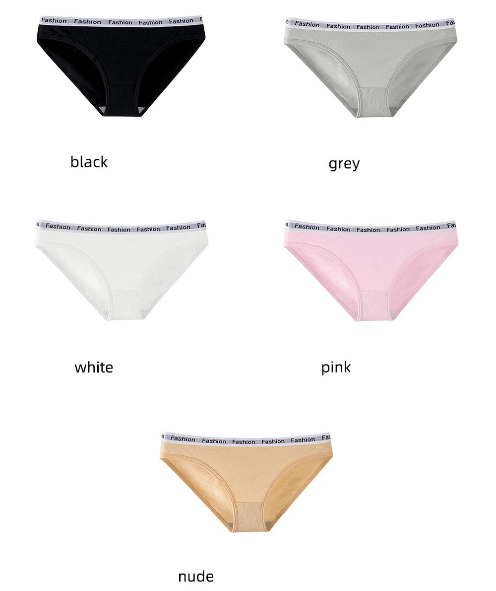 Five colors of cotton elastic waist women's sports briefs: black, grey, white, pink, and nude. Soft and flexible for ultimate comfort.